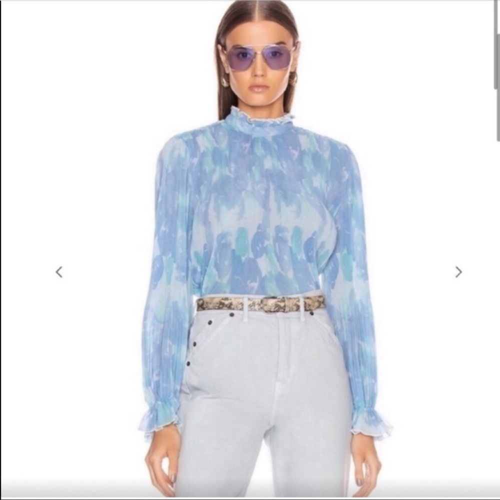 Ganni- Blue Tie Dye Accordion High Neck Longsleeve Blouse - Picture 3 of 8